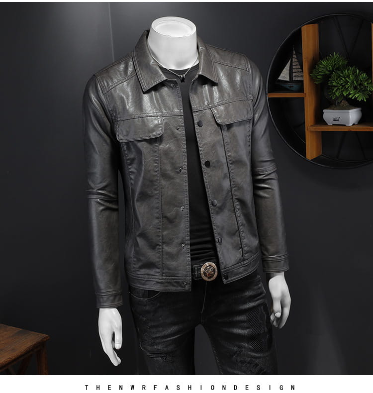 Men’s dark gray faux leather motorcycle jacket with classic collar and front button closure.