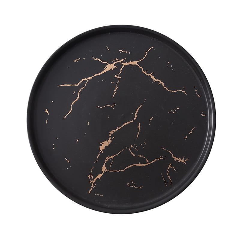 Schwarze Marmor-Keramikschale mit goldenen Adern in einem kreisförmigen Tablett-Design