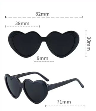 Gafas de sol de moda con forma de corazón color negro para mascotas y muñecas, con lentes oscuros y un armazón elegante y brillante.
