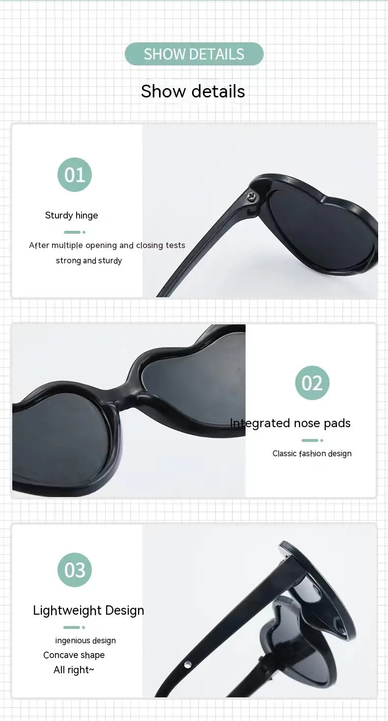Gafas de sol de moda con forma de corazón color negro para mascotas y muñecas, con almohadillas integradas para la nariz y una bisagra resistente.