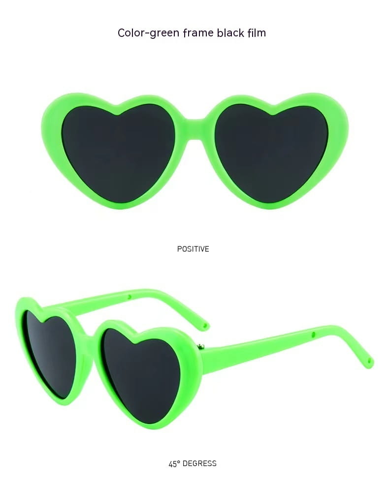 Gafas de sol de moda con forma de corazón color verde lima y lentes negros, diseñadas para mascotas y muñecas.