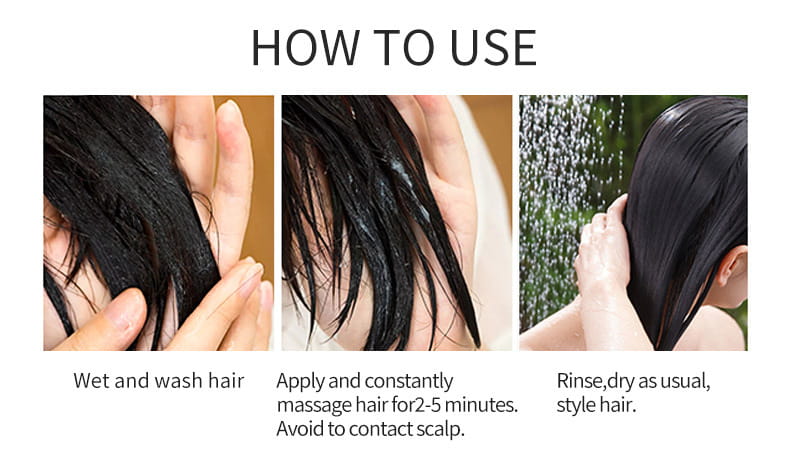 des cheveux noirs lavés et massés avec un masque capillaire vikada hair repair, traitement de fort hydratation 80 ml, pour une hydratation et une réparation intensives