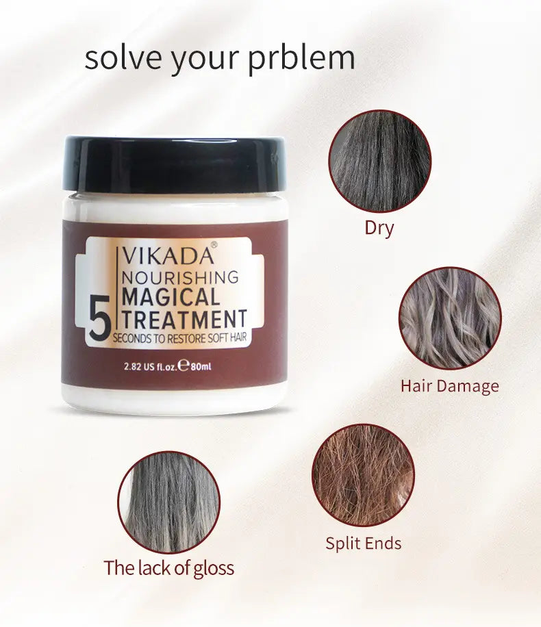 le masque capillaire vikada hair repair, traitement de fort hydratation 80 ml, présenté dans un pot blanc à couvercle noir et étiquette brune, conçu pour restaurer la souplesse des cheveux