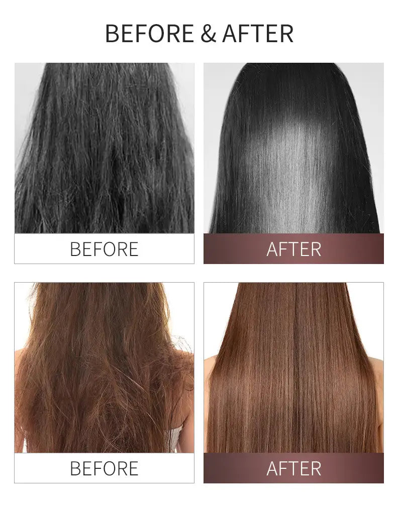 des cheveux noirs lisses et brillants, avec une coupe droite épurée mettant en évidence les effets du masque capillaire vikada hair repair, traitement de fort hydratation 80 ml