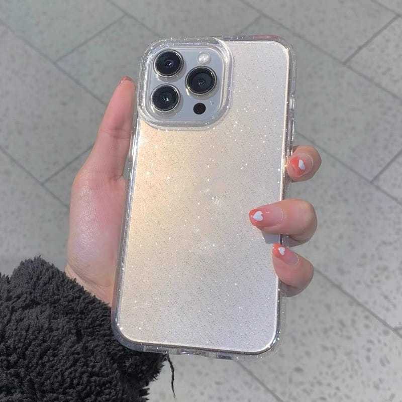 the back side of a gradient glitter clear iphone case featuring a sparkling silver glitter design with a clear protective bumper for iphone 13 pro max