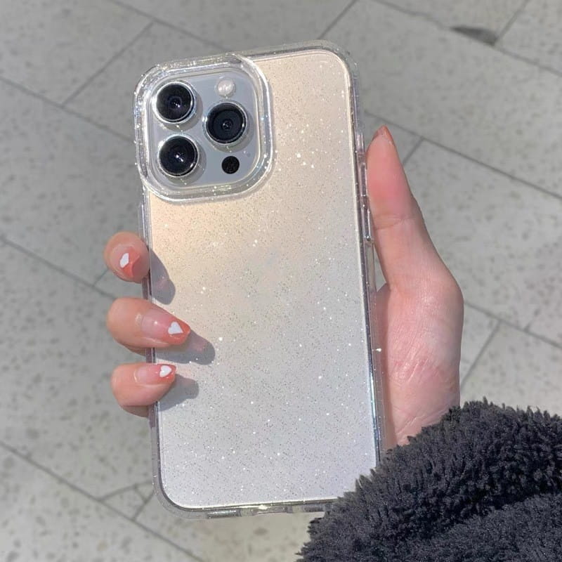 A clear glittery iphone case with a subtle gradient finish shown from the back side.