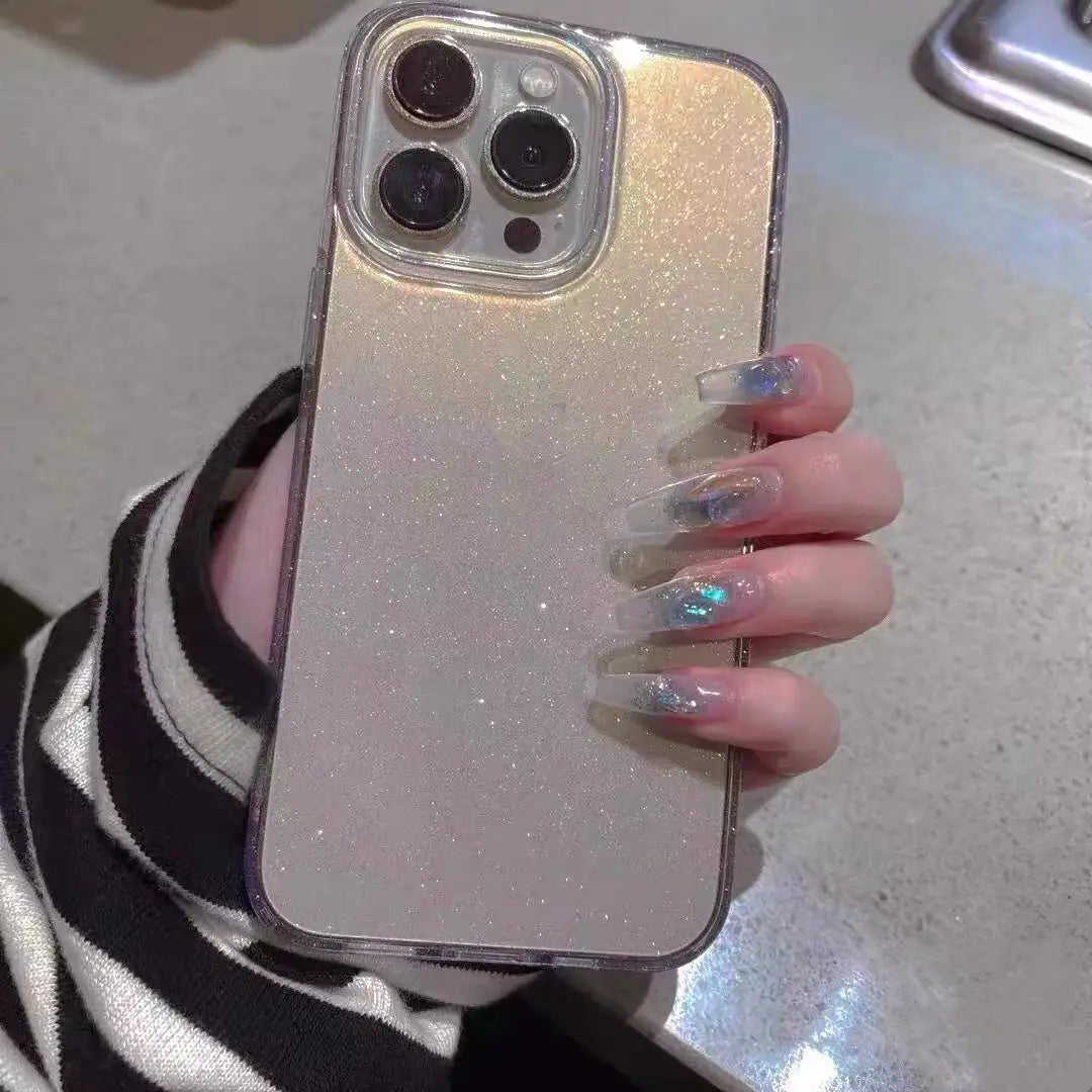 a back view of a gradient glitter clear iphone case featuring a shimmering gold glitter design with a clear protective border