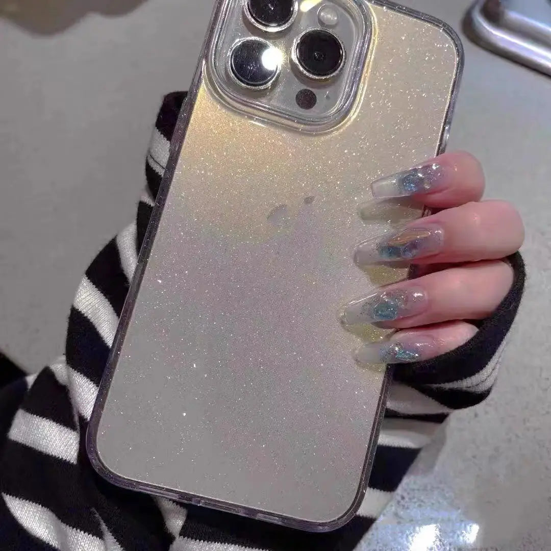 back side of a gradient glitter clear iphone case featuring a shimmering silver glitter design with a clear protective bumper