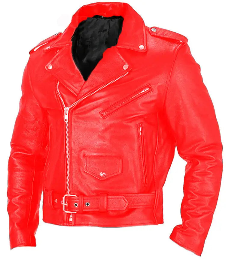 Herren-Leder-Bikerjacke im Punk-Stil, Slim-Fit, in kräftigem rotem Leder mit schwarzem Futter und silbernen Reißverschlüssen.