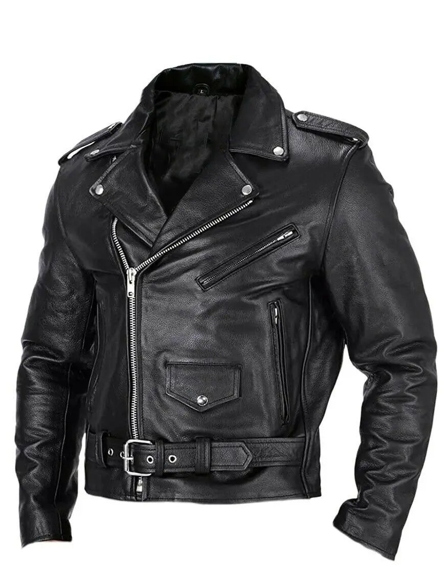 Herren-Leder-Bikerjacke im Punk-Stil, Slim-Fit, aus schwarzem Leder mit silbernen Reißverschlüssen und Druckknöpfen.
