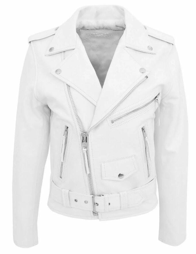Herren-weiße Leder-Bikerjacke mit silbernen Reißverschlüssen und Druckknöpfen im Punk-Stil, Slim-Fit.
