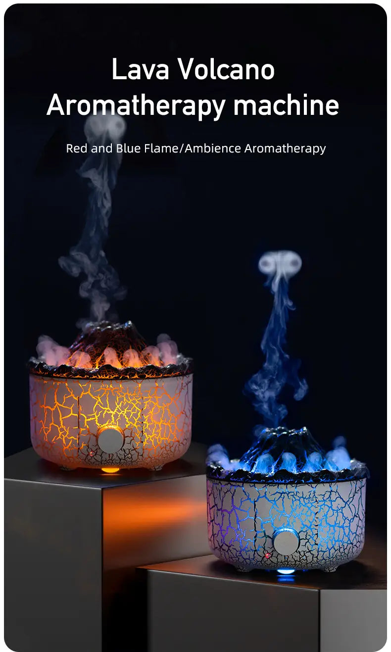 Volcano essential oil diffuser ceramic flame humidifier with lava volcano shape crackled glass design and red or blue flame ambiance.