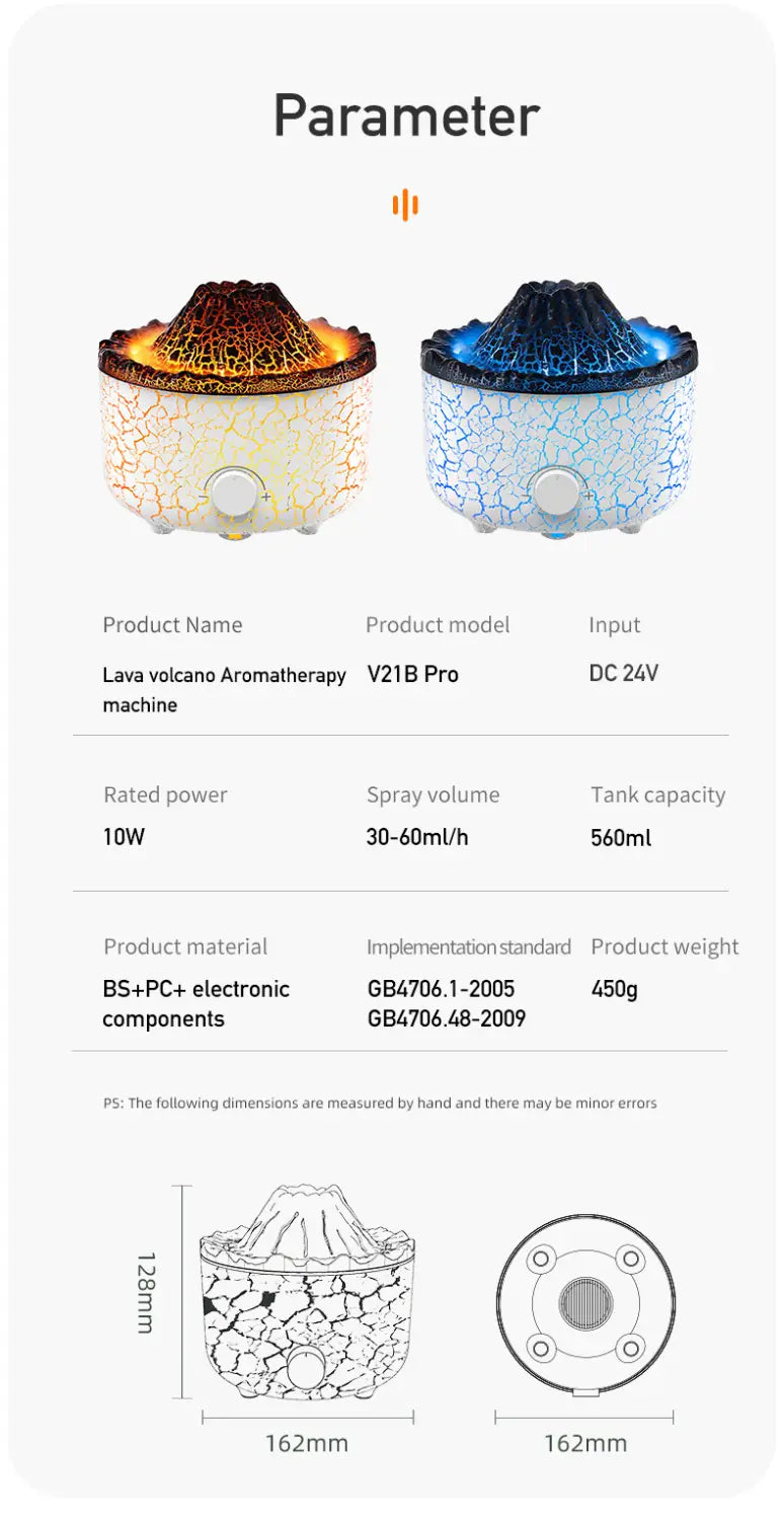 Volcano essential oil diffuser ceramic flame humidifier shaped like a lava volcano with a crackled textured surface in warm amber and cool blue hues.
