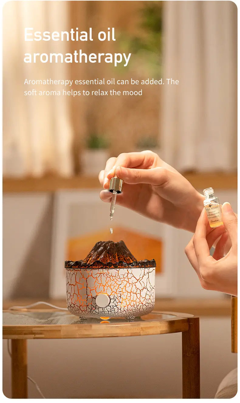 white crackled ceramic volcano-shaped essential oil diffuser and ceramic flame humidifier designed for aromatherapy and air moisture enhancement