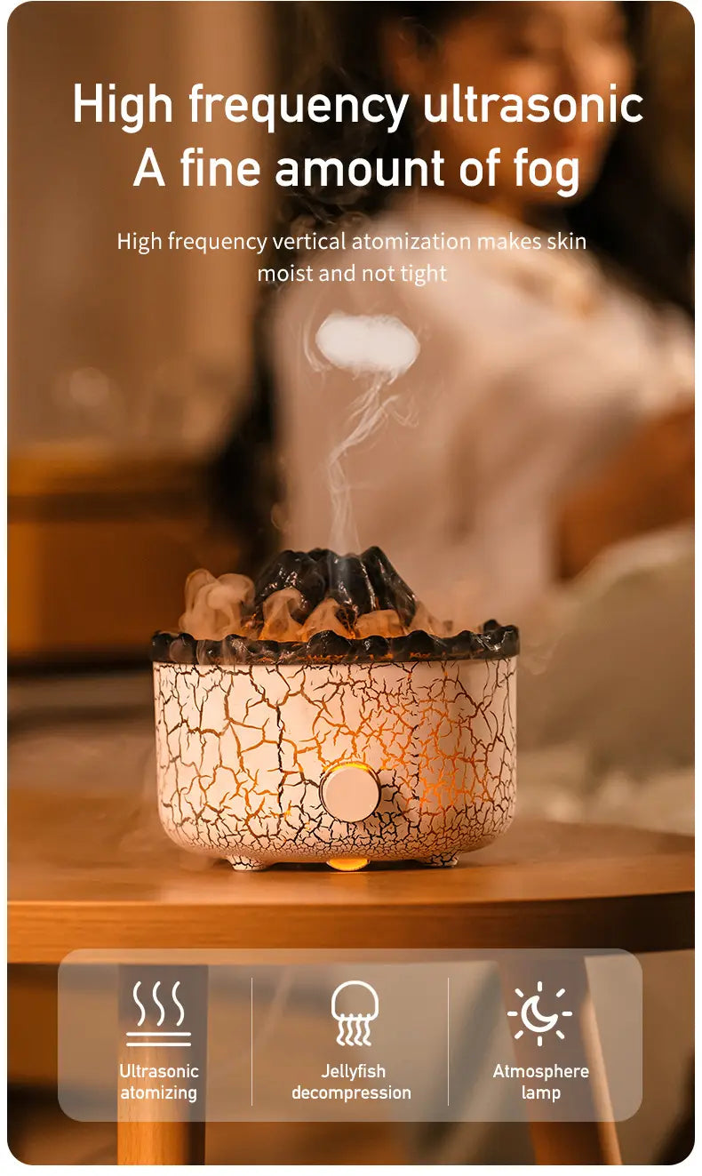 volcano essential oil diffuser ceramic flame humidifier in cracked white ceramic with a black volcano like top emitting mist
