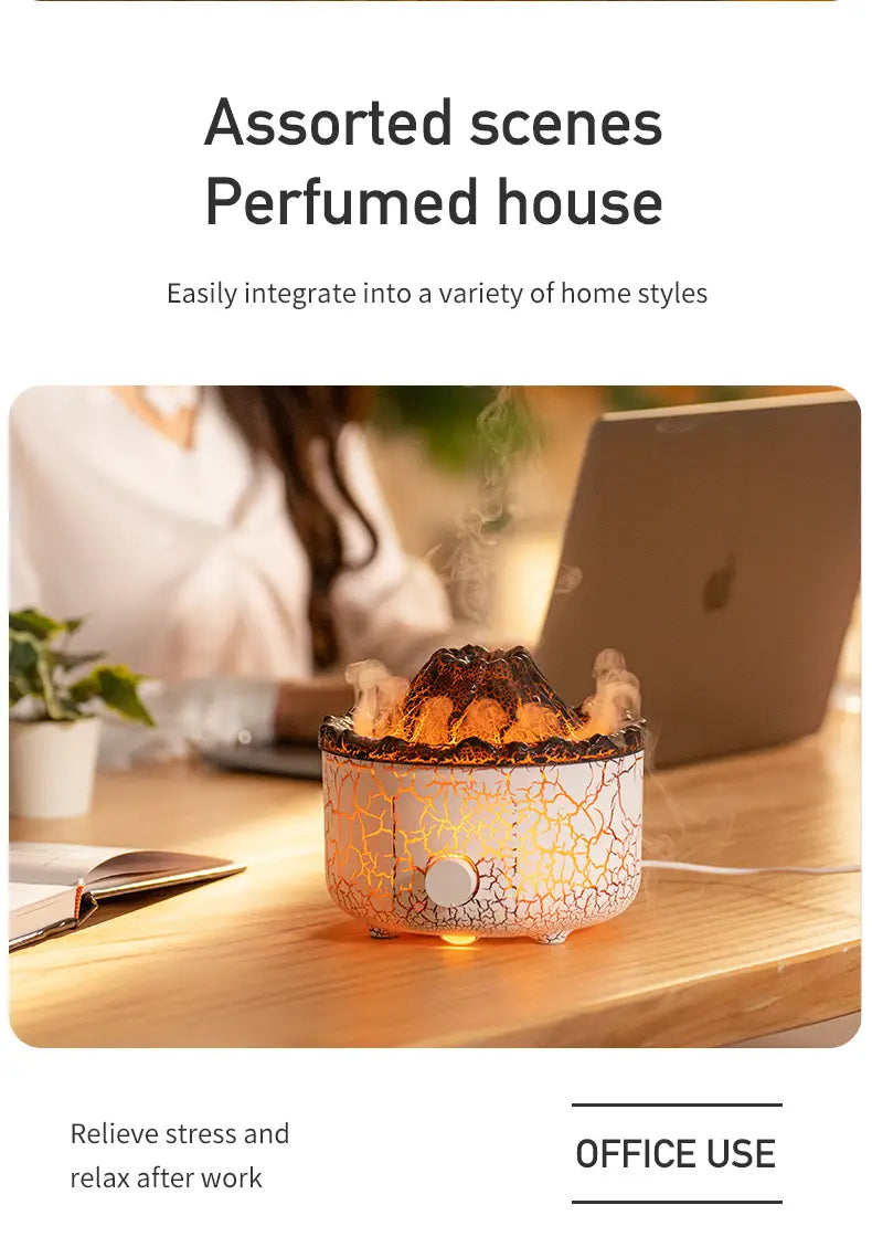 Volcano essential oil diffuser ceramic flame humidifier featuring a white crackled ceramic body with a glowing orange flame effect and a black volcanic rock top.