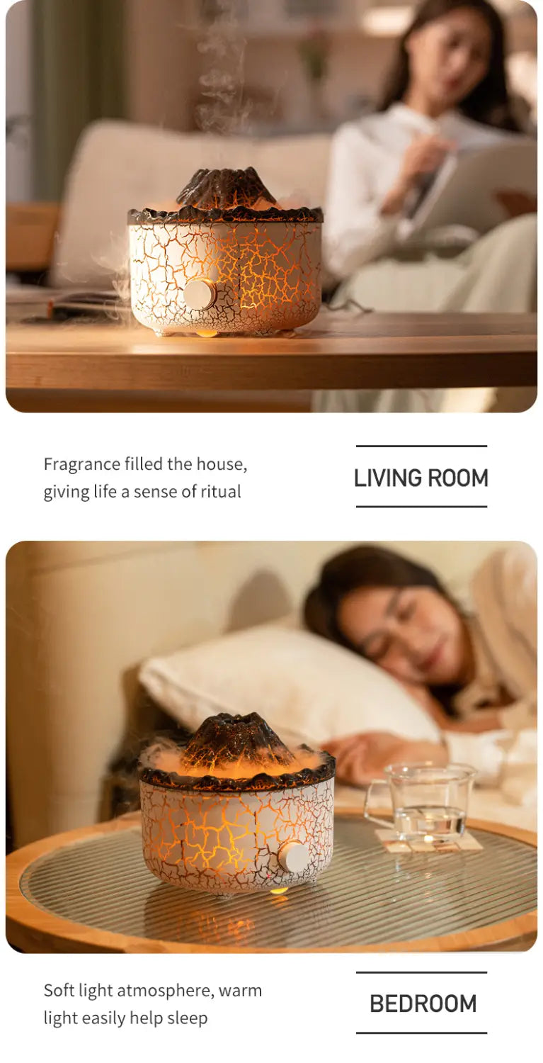 Volcano essential oil diffuser ceramic flame humidifier with crackled white ceramic body and glowing orange lava-like top.