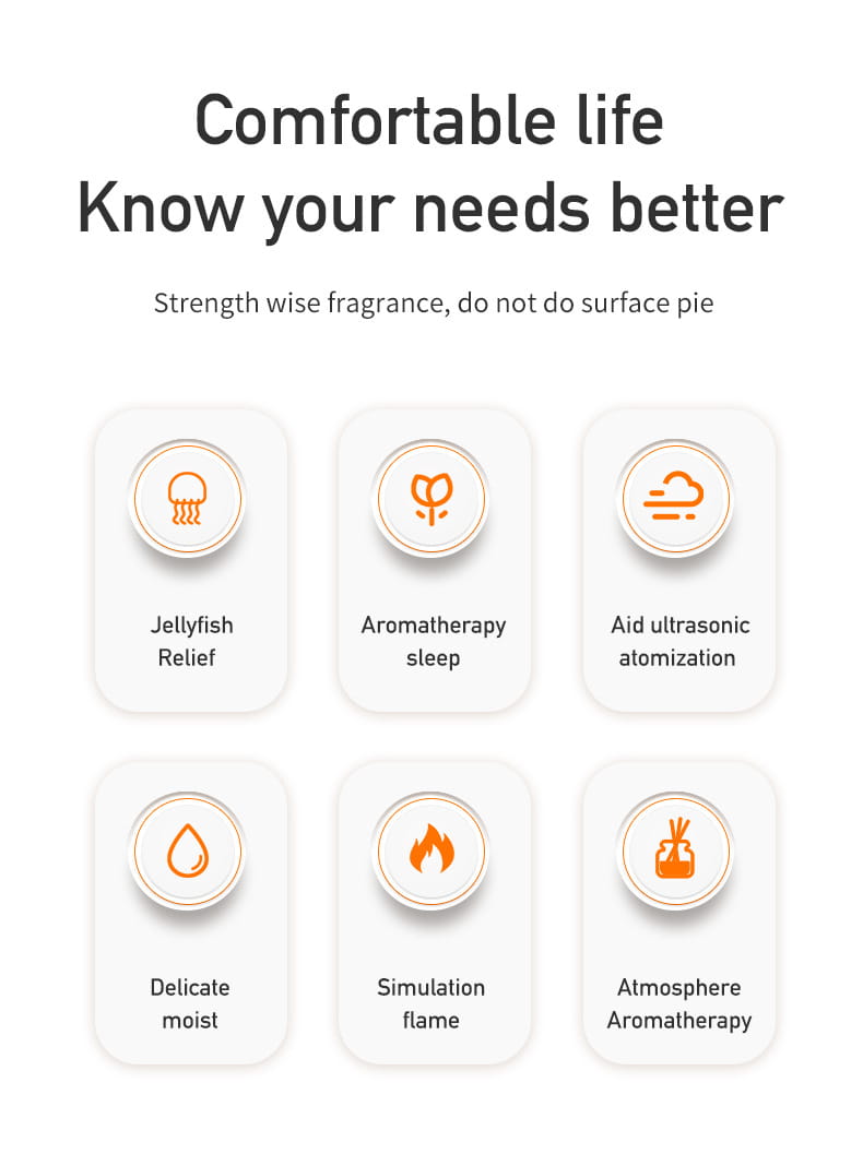 White rectangular buttons with orange circular icons and black text labels for various aromatherapy functions on the volcano essential oil diffuser ceramic flame humidifier.
