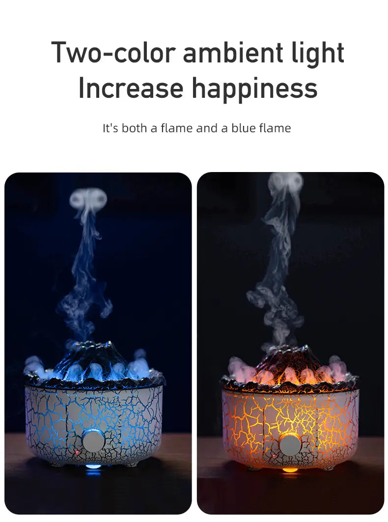 Cracked white ceramic volcano essential oil diffuser and flame humidifier with blue and orange ambient lighting.