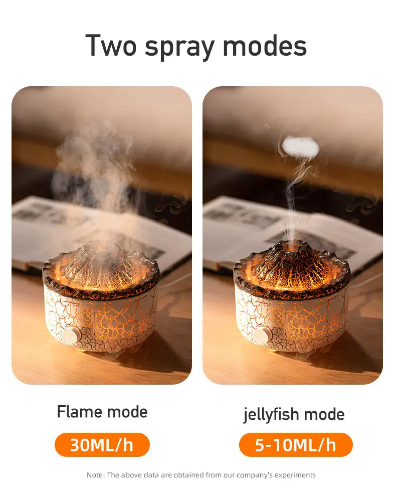 A white ceramic volcano essential oil diffuser humidifier with cracked glaze design and orange internal lighting featuring flame mode at 30ml per hour and jellyfish mode at 5 to 10ml per hour.
