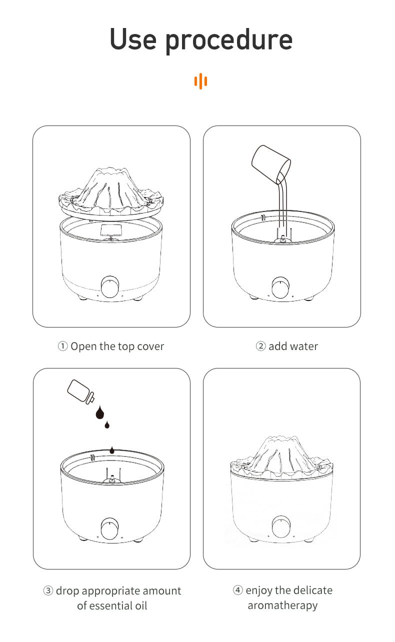 White ceramic Volcano essential oil diffuser with rounded base and lid featuring simple line illustrations for use instructions.