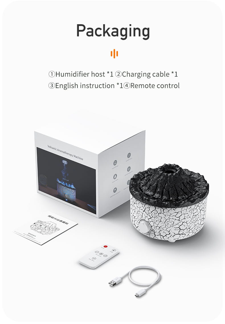 White ceramic volcano essential oil diffuser humidifier featuring a black cracked-textured volcanic peak design.