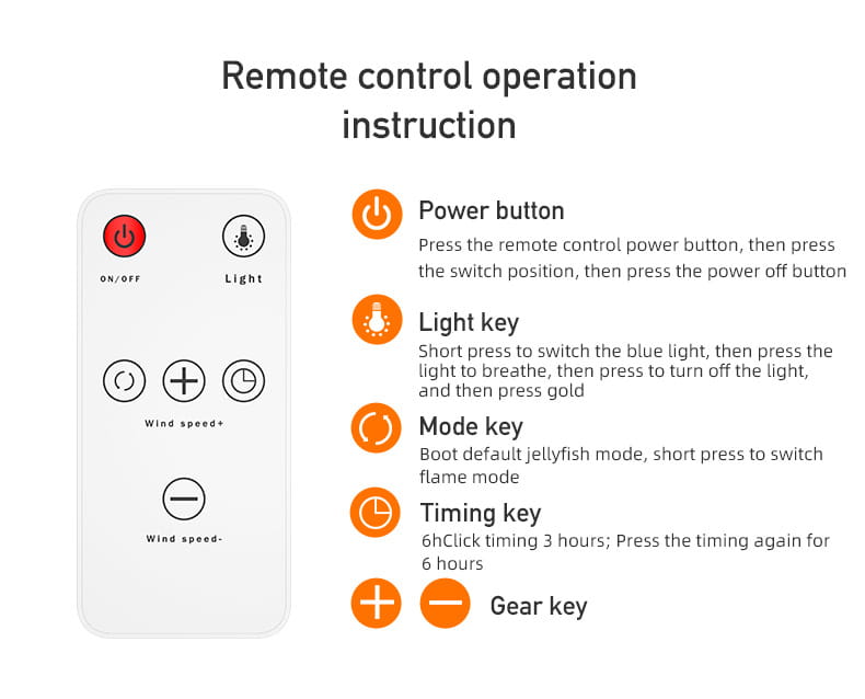 white remote control with red power button circular light key and directional wind speed buttons for volcano essential oil diffuser ceramic flame humidifier