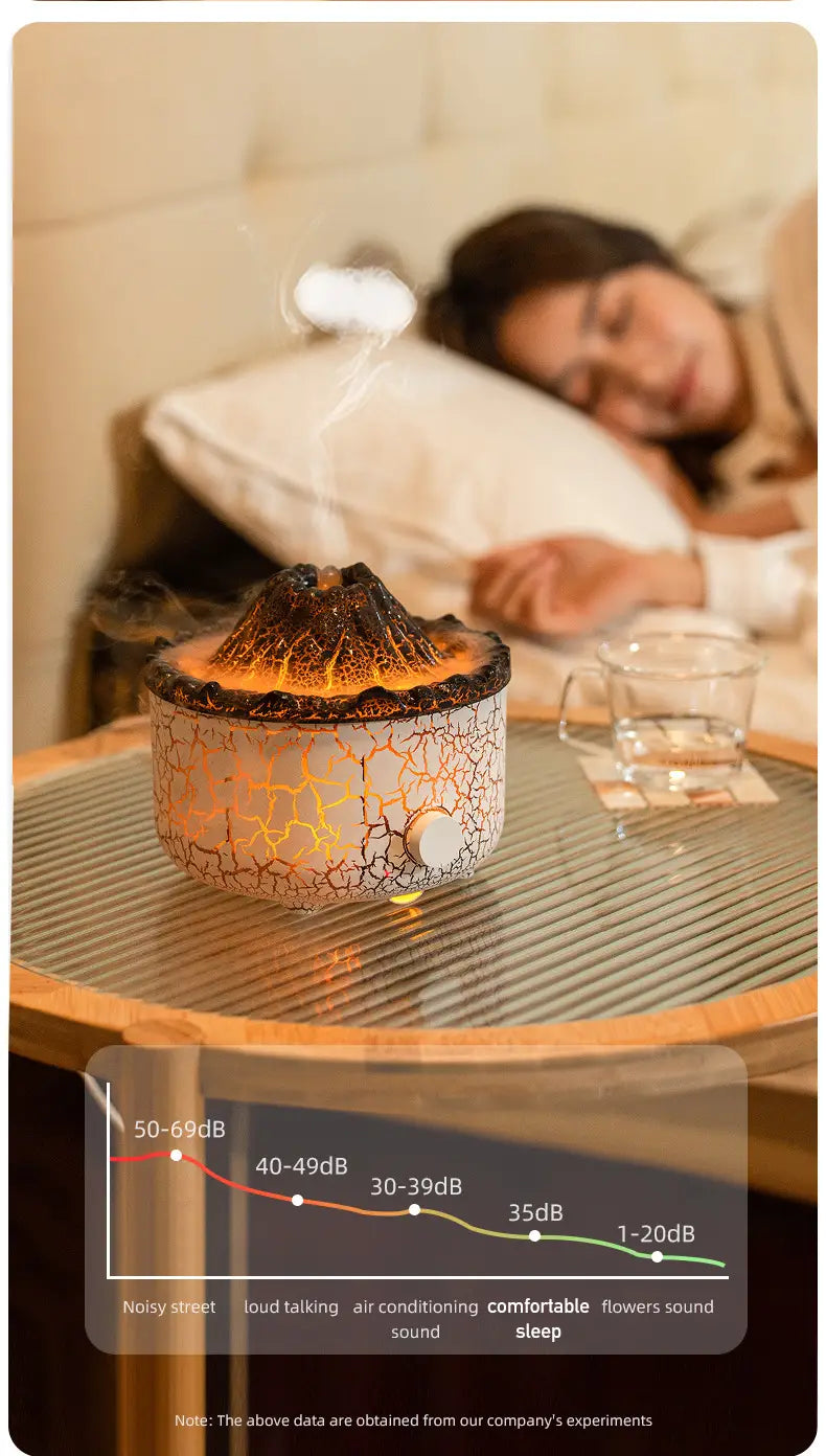 volcano essential oil diffuser ceramic flame humidifier in crackled white ceramic with a glowing orange interior and a small control knob