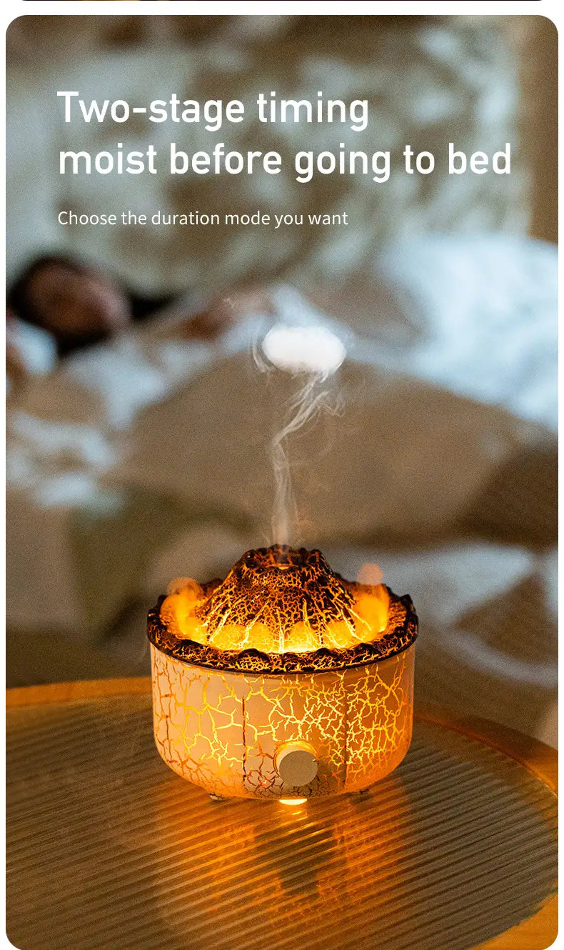 Volcano essential oil diffuser ceramic flame humidifier in warm glowing crackle-patterned ceramic shaped like a miniature volcano emitting mist.