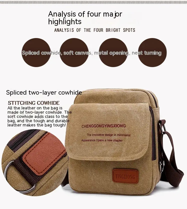 Men’s canvas crossbody business shoulder bag in tan with brown leather accents and a minimalist design.