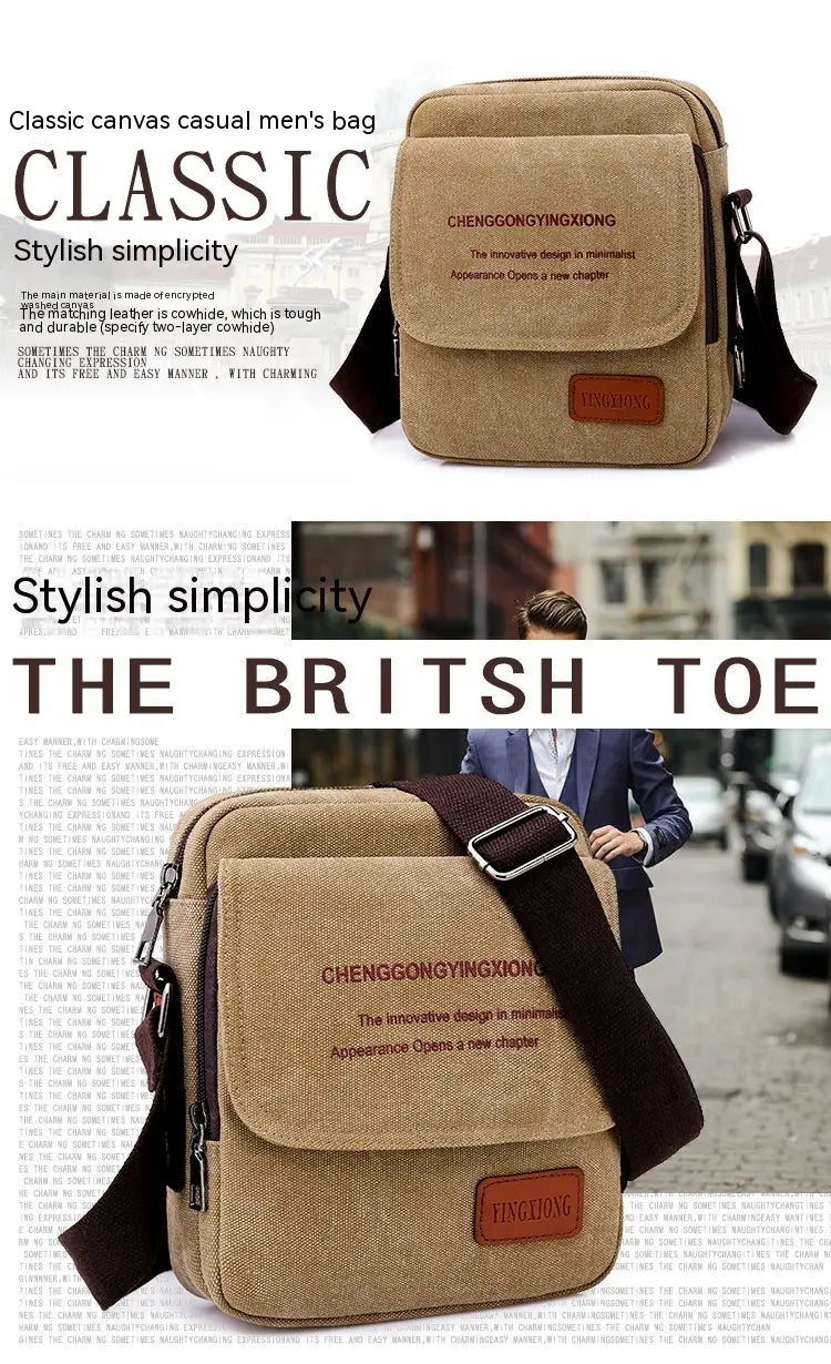 Beige canvas crossbody business shoulder bag for men with brown leather accents and a front flap closure.