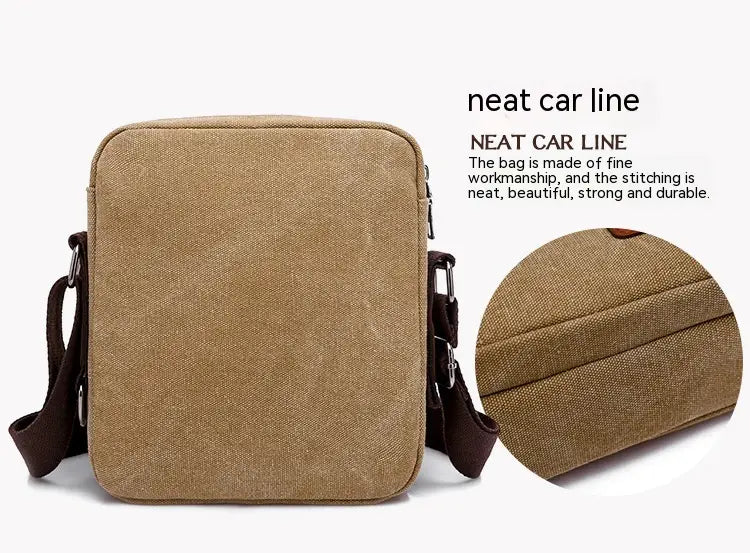 Men’s canvas crossbody business shoulder bag in tan with brown leather straps and neat durable stitching.