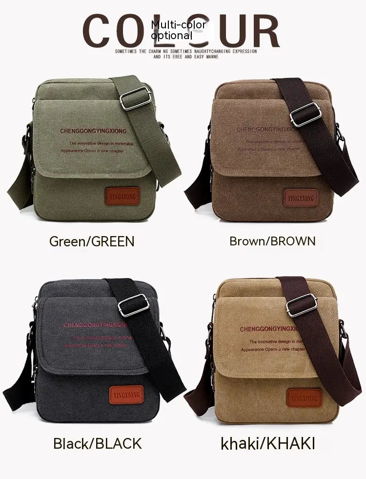 Men’s olive green canvas crossbody business shoulder bag with brown strap and leather patch accents.