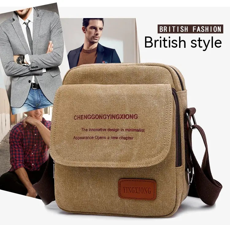 Men’s canvas crossbody business shoulder bag in tan with brown leather patch and zipper closure.