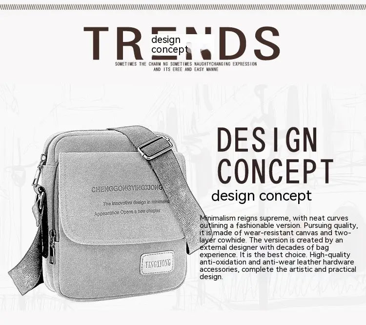 men’s gray canvas crossbody business shoulder bag with a minimalist design and adjustable strap