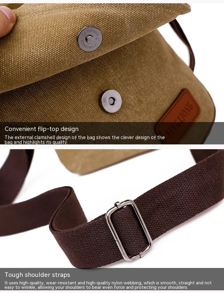 Men’s canvas crossbody business shoulder bag in tan canvas with brown nylon straps and silver-toned metal hardware.