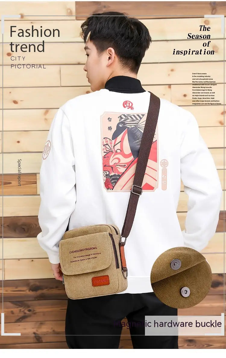 tan canvas men’s crossbody business shoulder bag with brown strap and magnetic hardware buckle