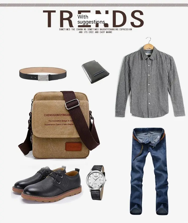 Tan canvas crossbody business shoulder bag for men with brown leather straps and a matching leather patch on the front.