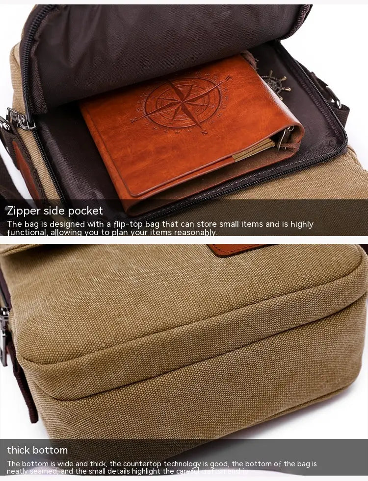 Men’s tan canvas crossbody business shoulder bag with a sturdy thick bottom and a zipper side pocket.