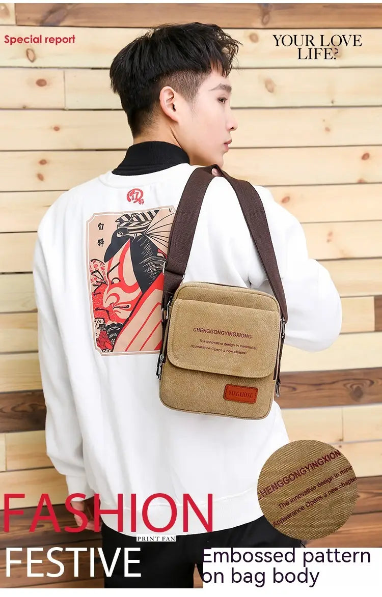 Men’s canvas crossbody business shoulder bag in tan with brown straps and a subtle embossed pattern.