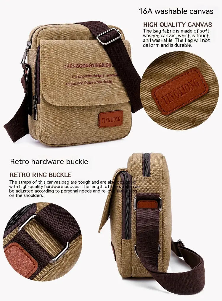 Men’s canvas crossbody business shoulder bag in tan washed canvas with brown leather accents and a retro ring buckle.