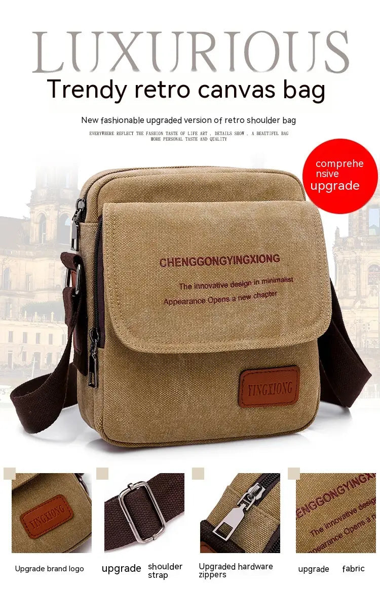 Men’s canvas crossbody business shoulder bag in tan with brown leather accents and a matching adjustable strap.