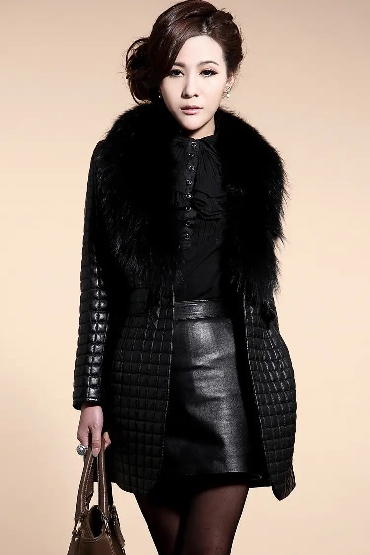 black quilted leather coat with a plush fur collar showcasing the front design and detailing