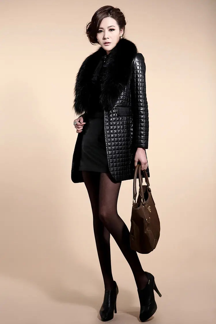 black quilted leather coat with a plush fur collar shown from the back side highlighting its luxurious texture and design
