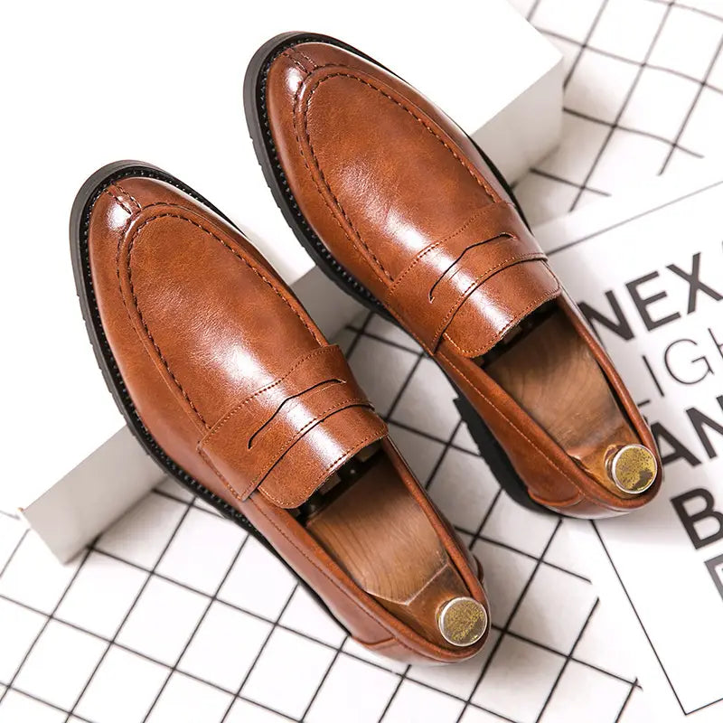 dark gray leather slip-on loafers with classic penny loafer design and visible stitching for mens british style microfiber suede and leather loafers