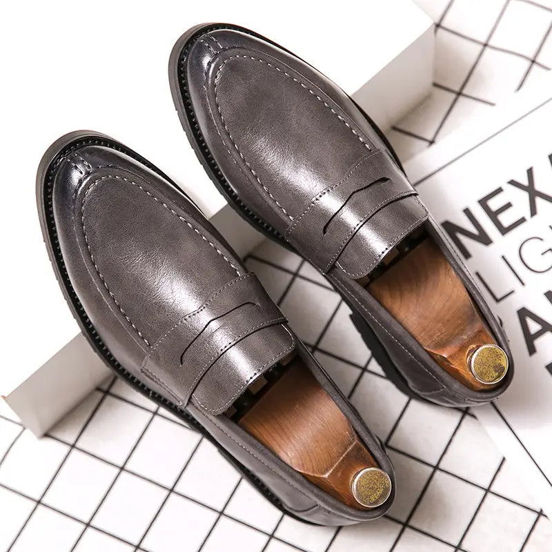 dark gray leather slip-on loafers with classic penny loafer design and visible stitching for mens british style microfiber suede and leather loafers