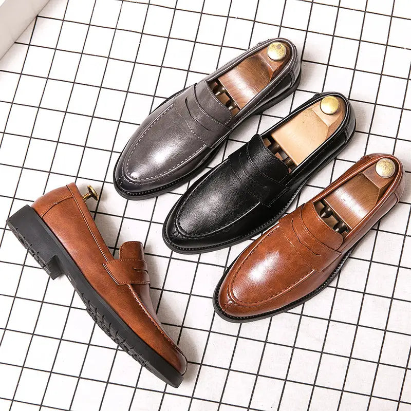 dark gray leather slip-on loafers with classic penny loafer design and visible stitching for mens british style microfiber suede and leather loafers
