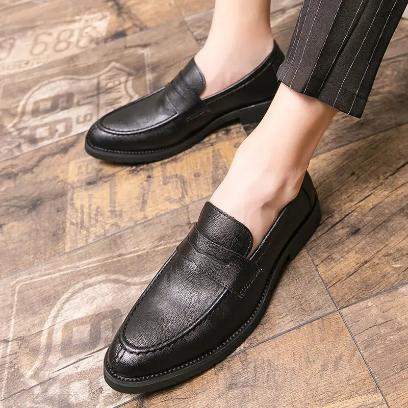 dark gray leather slip-on loafers with classic penny loafer design and visible stitching for mens british style microfiber suede and leather loafers