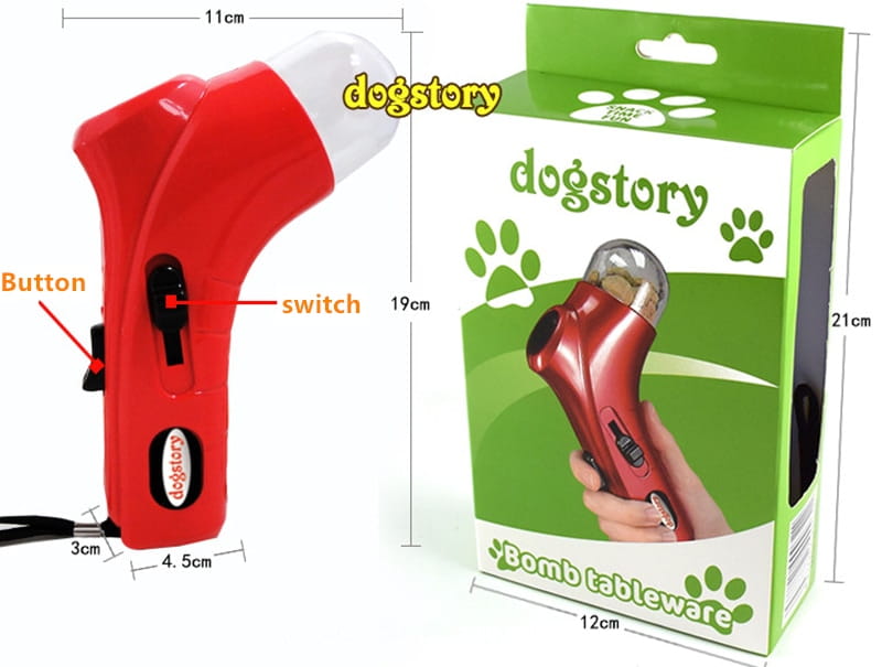 tondeuse à ongles pour animaux de compagnie rouge et blanche de type dogstory, avec une conception ergonomique élégante, mise en avant dans une image du produit représentant un cliquet d’entraînement pour animaux de compagnie et un distributeur de friandises.
