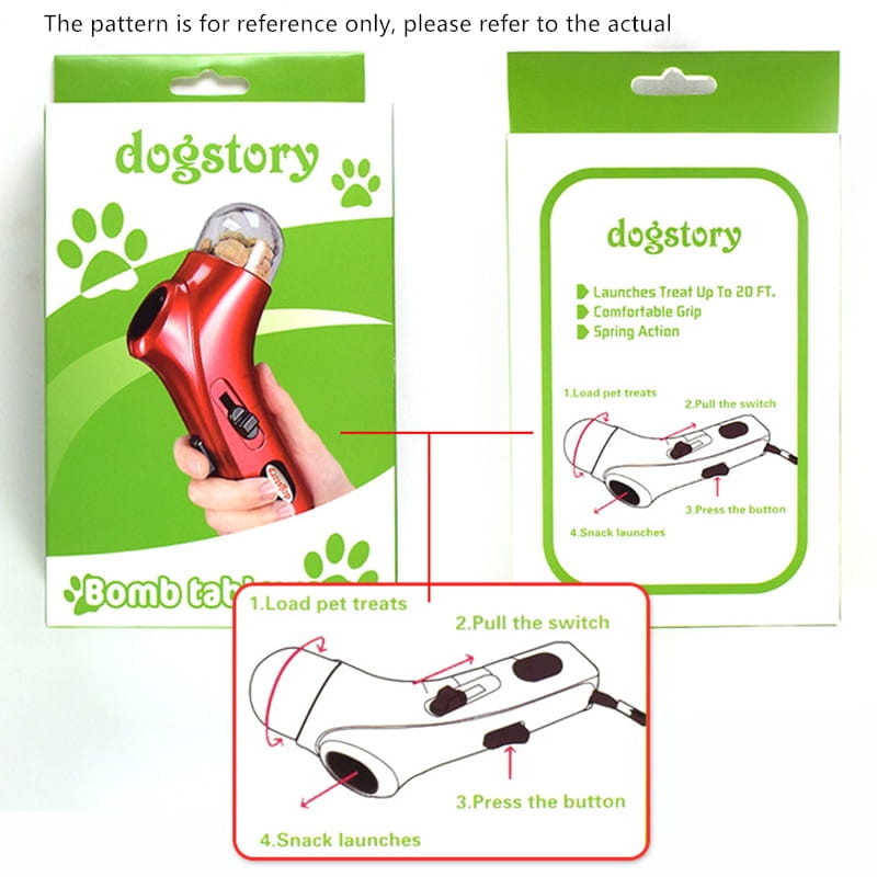 lanceur de friandises pour chien en plastique rouge, avec dôme supérieur transparent et mécanisme de déclenchement noir, pour cliquet d’entraînement pour animaux de compagnie et distributeur de friandises.